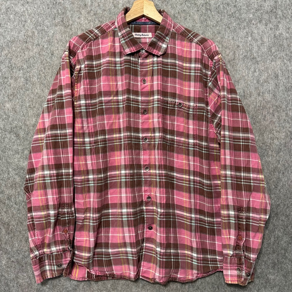 Tommy Bahama Womens Large Pink Brown Plaid Button Up Shirt Cotton Lyocell Blend